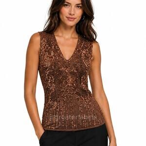 DKNY Brown Sequined Silk Knit V-Neck Top Tank Size M NWT